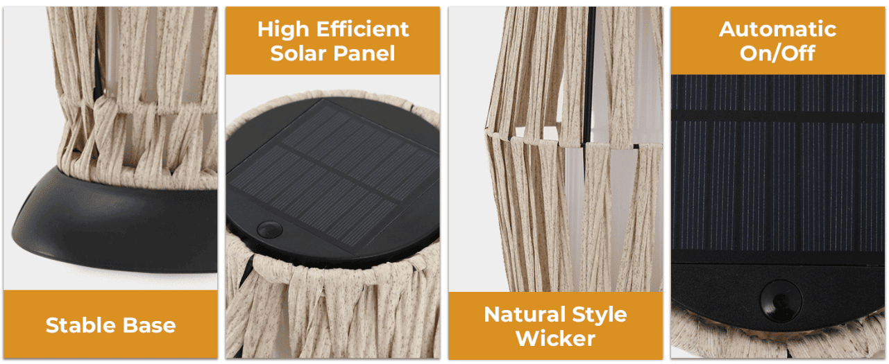 תקריב מנורת ראטן סולארית – בסיס יציב וקליעה איכותית