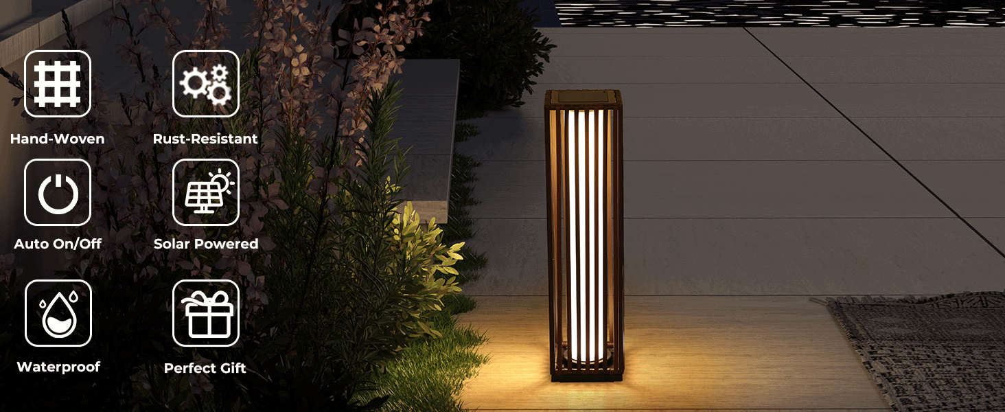 תאורת ראטן סולארית גבוהה עם אייקונים: קלוע ביד, עמידה לחלודה, הדלקה אוטומטית, סולארית, עמידה במים