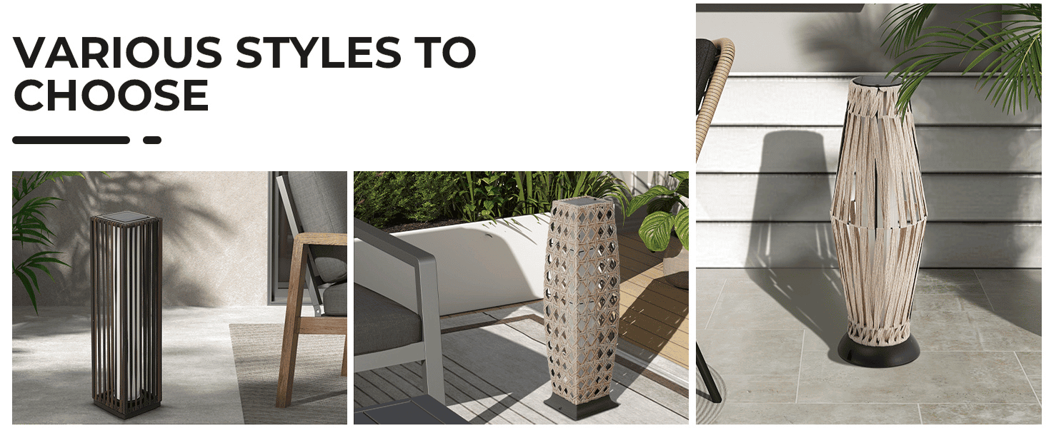 שלושת דגמי תאורת הראטן הסולארית לגינה – צילום יום